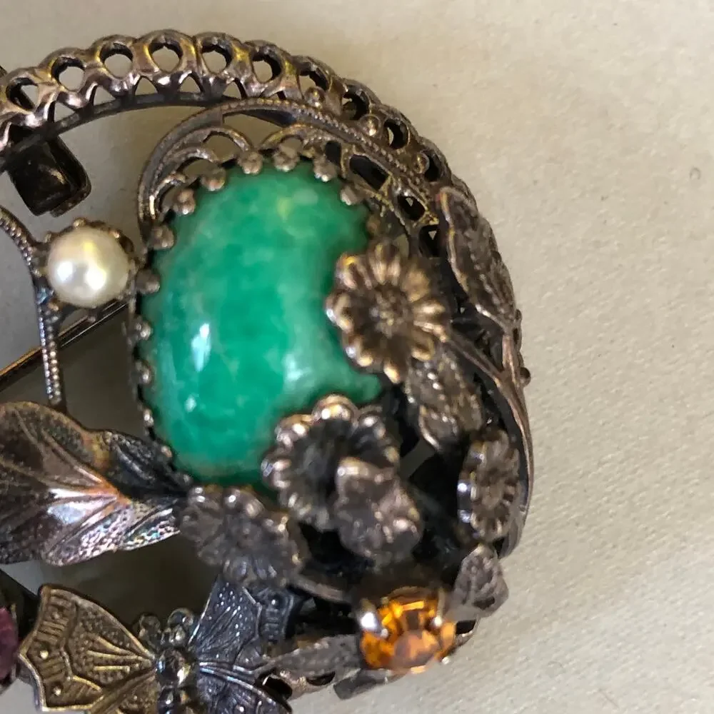 Vintage Glass Stone Brooch Silver Tone Green Flower Leaf Pin Pendant Retro